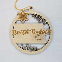 North Dakota Wood Ornament -  ND State Shape with Snowflakes Cutout - Handmade Wood Ornament Made in USA Christmas Decor