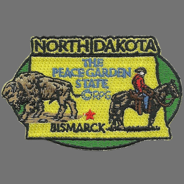 North Dakota Patch – ND State Travel Patch Souvenir Applique 3" Iron On The Peace Garden State Bismarck Cowboy Buffalo or Bison