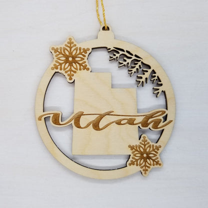 Utah Wood Ornament -  State Shape with Snowflakes UT Cutout - Handmade in USA Souvenir - 15409