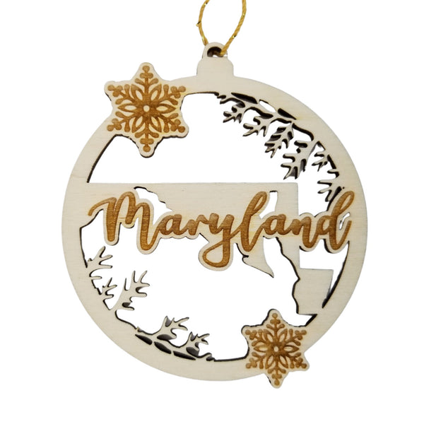 Maryland Wood Ornament -  State Shape with Snowflakes Cutout MD - Handmade Wood Ornament Made in USA Christmas Decor