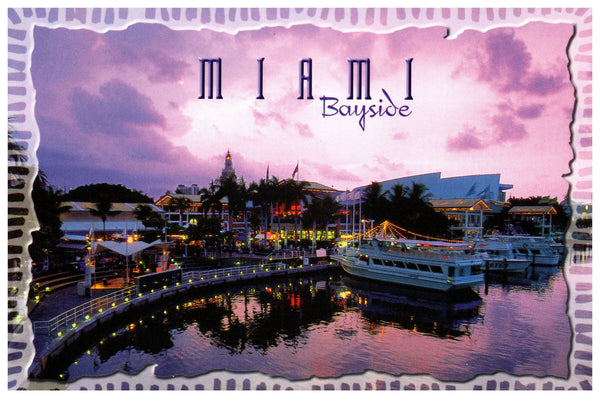 Vintage Florida Postcard Miami Bayside FL 4x6 1980s Scenic Florida Distributors 1990s Bayside Marketplace Martin Gordash Sunset Boats Lights