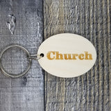 Church Wood Keychain Key Ring Keychain Gift - Key Chain Key Tag Key Ring Key Fob - Church Text Key Marker
