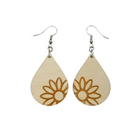 Wood Earrings - Floral Big Daisy Engraved Teardrop Wood Earrings - Dangle Earrings - Gift - Drop Earrings