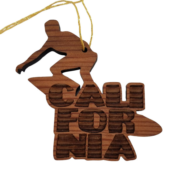 California Surfer Surfing Christmas Ornament Handmade Wood Ornament Made in USA Laser Cut Cutout Shape CA Surfboard Souvenir