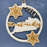 Kentucky Wood Ornament -  KY State Shape with Snowflakes Cutout - Handmade Wood Ornament Made in USA Christmas Decor