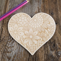 Color Your Own Wood Art ONLY DIY - Wood Trivet - Coloring Project - Craft Supply - Adult Craft Project - Floral Relaxation Gift Heart #2