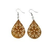 Wood Earrings - Flower Floral Mandala Engraved Teardrop Wood Earrings - Dangle Earrings - Gift