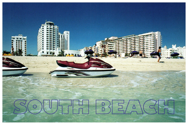 Vintage Florida Postcard 4x6 Miami South Beach FL 1980s Loews Resort Waverunners Umbrellas Warren Flagler Scenic Florida Distributors