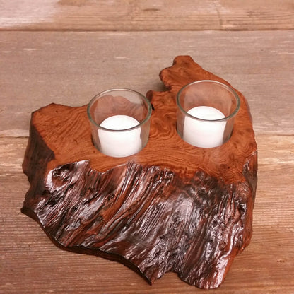 Wood Candle Holder Rustic Redwood 2 Votive Handmade 5th Anniversary #S