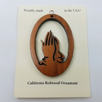 Praying Hands Christmas Ornament California Redwoods Handmade Wood Ornament Made in USA Laser Cut