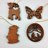 Set of 4 USA Handmade California Redwood Wood Laser Cut Christmas Ornament Snowman Butterfly Nativity Reindeer