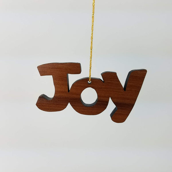 Joy Text Christmas Ornament Handmade Wood Ornament California Redwood Made in USA Laser Cut