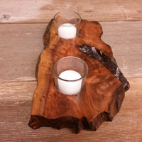 Redwood Candle Holder Rustic Glass 2 Votive Handmade Wood 2 Tone Color #Z Housewarming Gift Wedding Gift