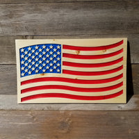 American Flag Carved Wood Sign Handmade USA Patriotism Rustic Knotty Pine Red White Blue