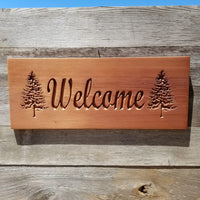 Welcome Sign with Two Trees Handmade Carved Sign Redwood