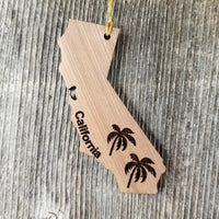 California State Shape Christmas Ornament Palm Trees Laser Cut Handmade Wood Ornament Made in USA