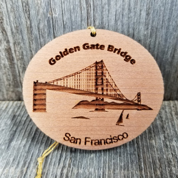 San Francisco California Golden Gate Bridge Christmas Ornament Handmade Wood Memento with Sailboats