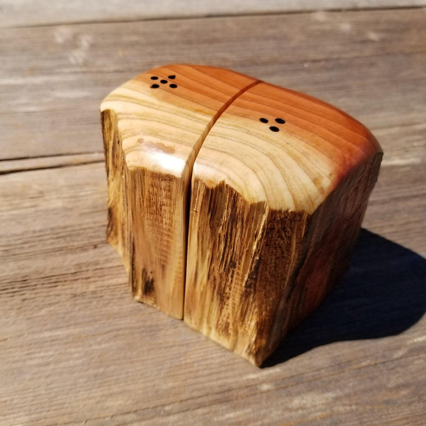 Redwood Rustic Salt and Pepper Shakers Set Handmade Anniversary Wedding #380 Housewarming Christmas California Wood 2 Tone