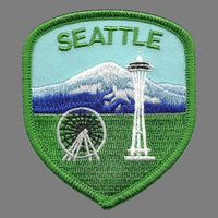 Seattle Patch – Space Needle – Mt Rainier Washington Ferris Wheel WA Patch Iron On Green and Blue Shield Travel Patch Souvenir Applique
